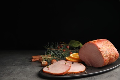 Photo of Delicious ham served on table. Christmas dinner