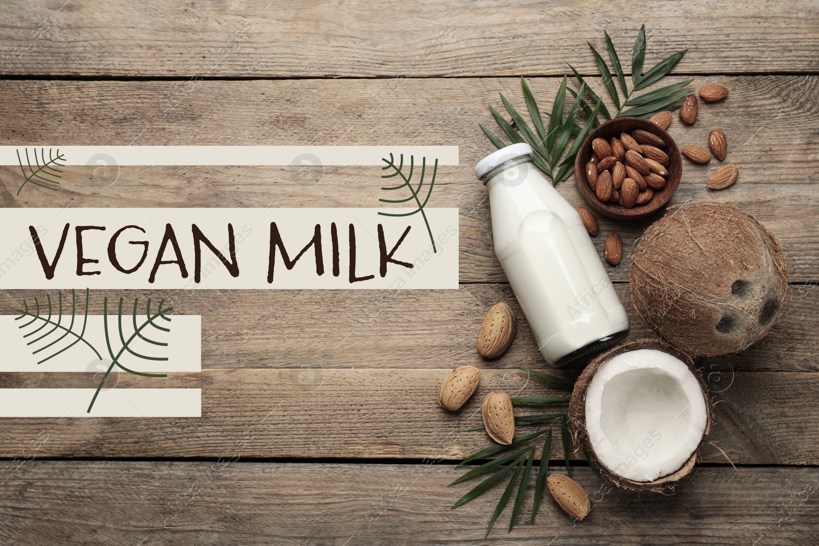 Image of Delicious vegan milk, almonds and coconuts on wooden table, flat lay