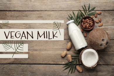 Delicious vegan milk, almonds and coconuts on wooden table, flat lay