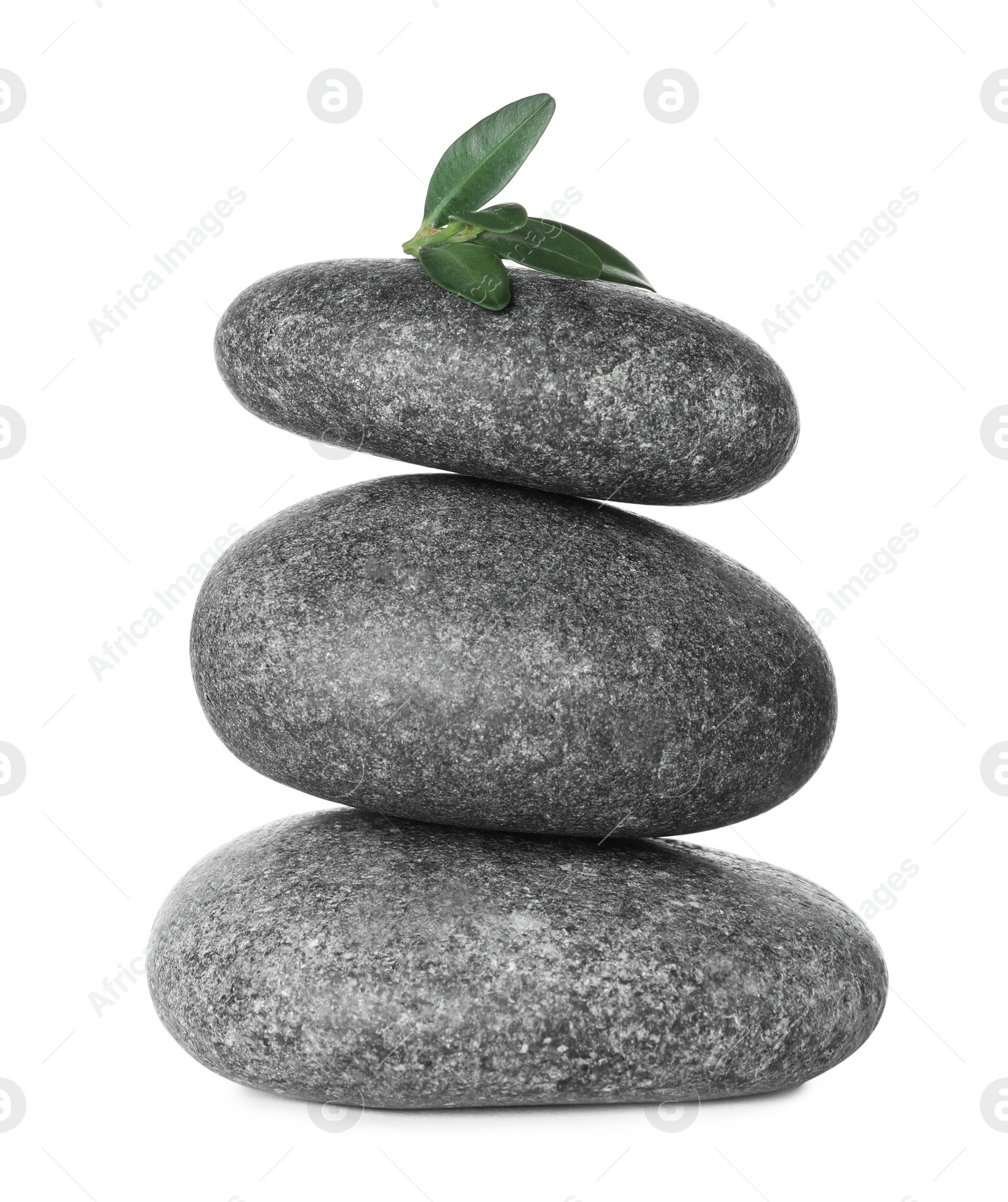 Photo of Stack of grey spa stones and fresh leaves isolated on white