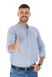 Professional business trainer reaching for handshake on white background