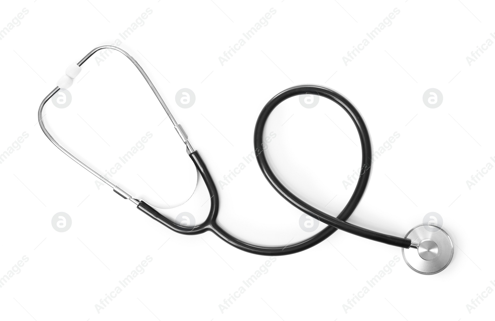 Photo of Stethoscope on white background, top view. Medical students stuff