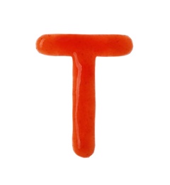 Photo of Letter T written with red sauce on white background