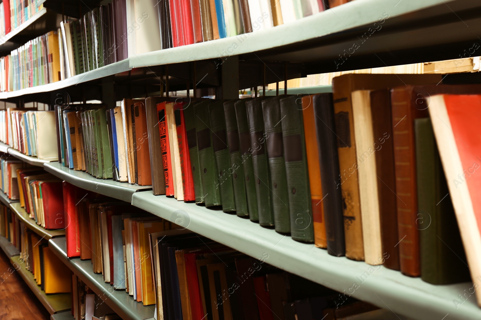 Image of Collection of different books on shelves in library