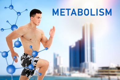 Image of Metabolism concept. Molecular chain illustration and athletic young man running near sea on sunny day