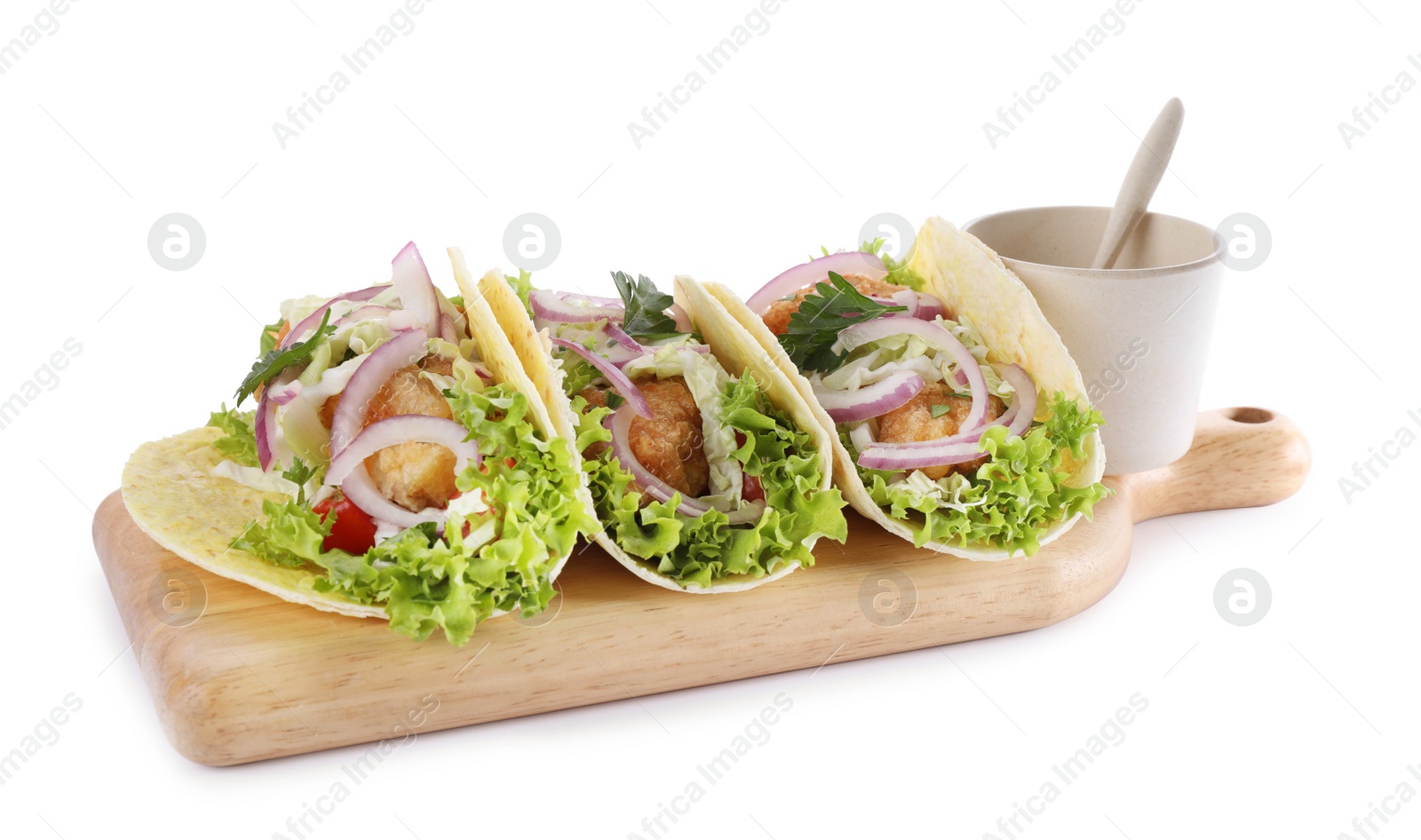 Photo of Yummy fish tacos with sauce isolated on white