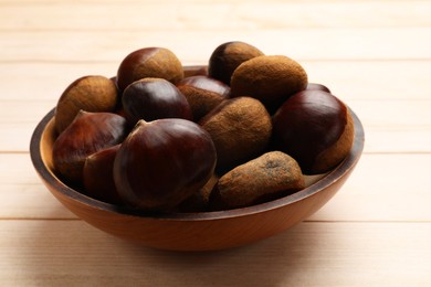 Photo of Sweet fresh edible chestnuts on light wooden table, closeup