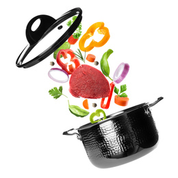 Image of Pot and fresh ingredients for soup on white background