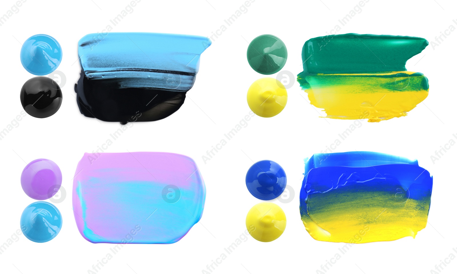 Image of Set with paint samples of different colors isolated on white, top view