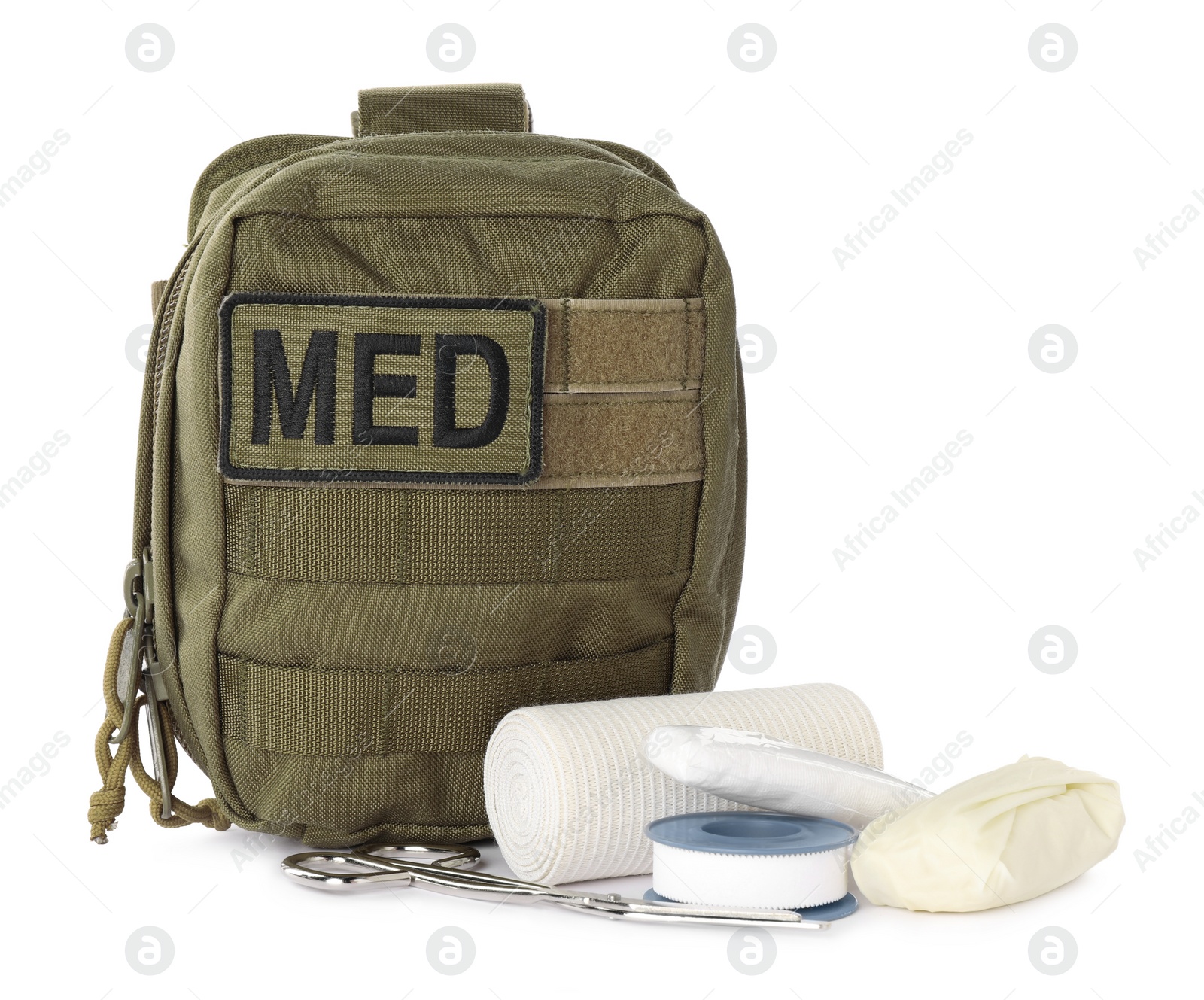 Photo of Military first aid kit with items isolated on white