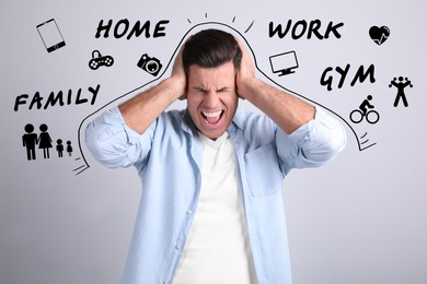 Stressed man, text and drawings on light background