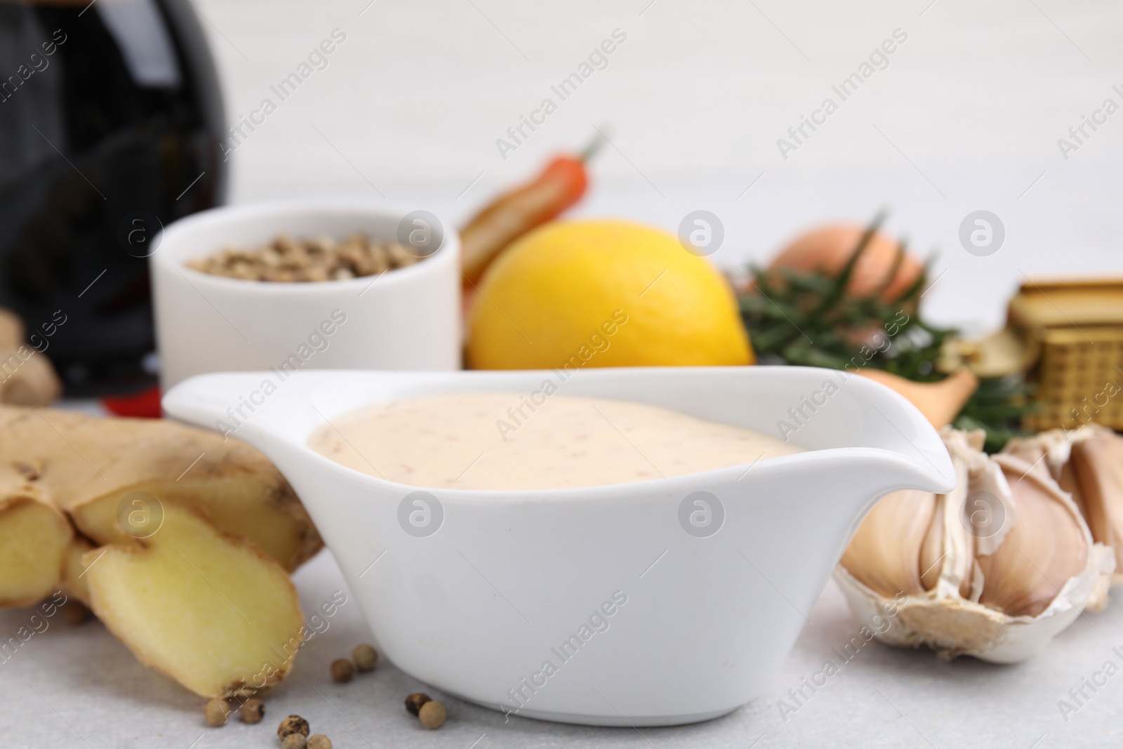 Photo of Fresh marinade and different ingredients on light grey table, closeup