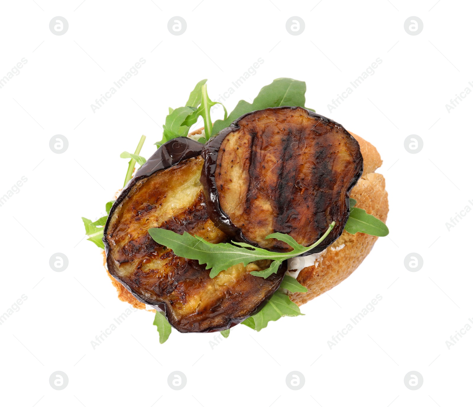 Photo of Delicious fresh eggplant sandwich isolated on white, top view