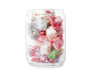 Photo of Delicious candies in glass jar isolated on white