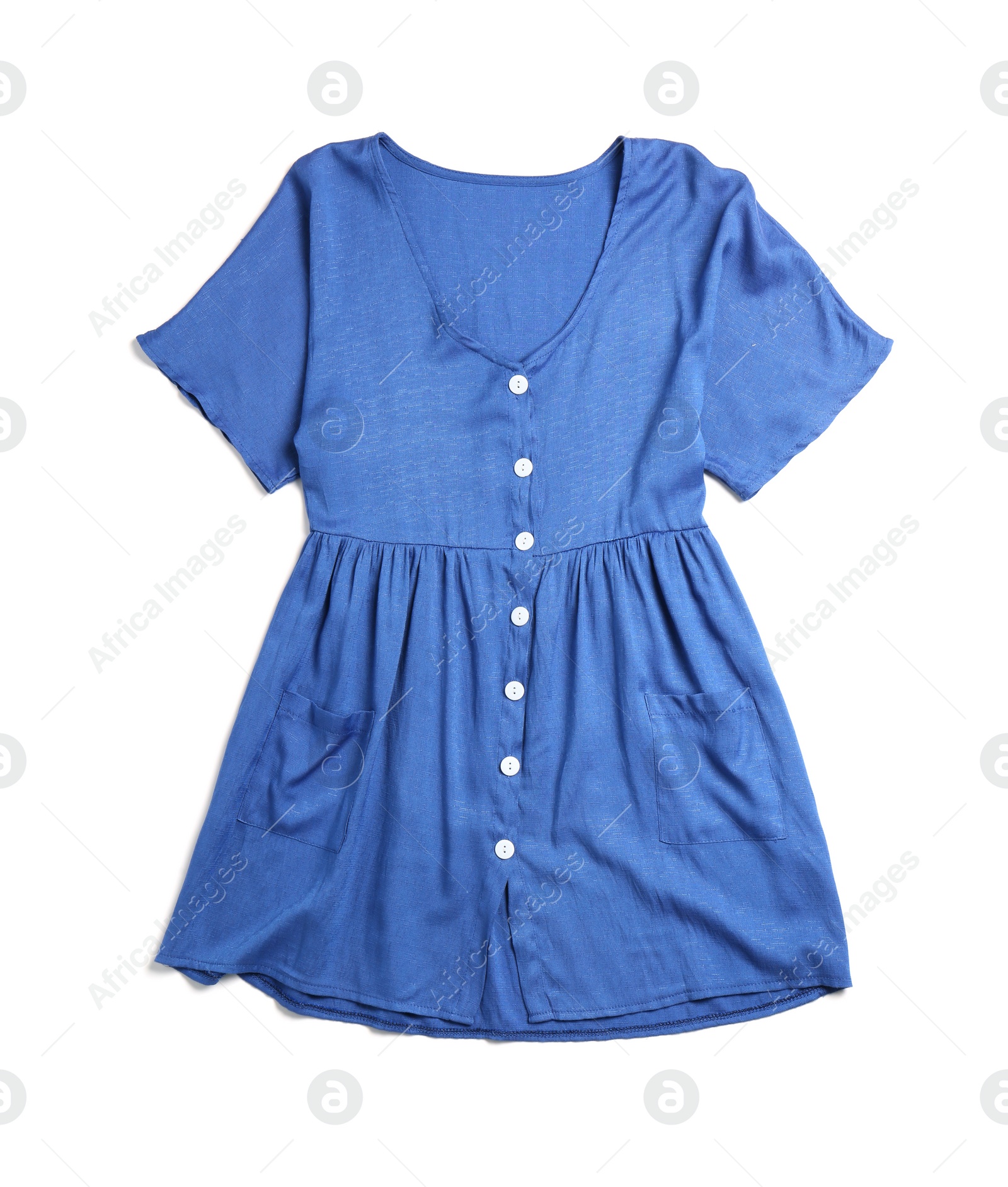 Photo of Short blue dress isolated on white, top view