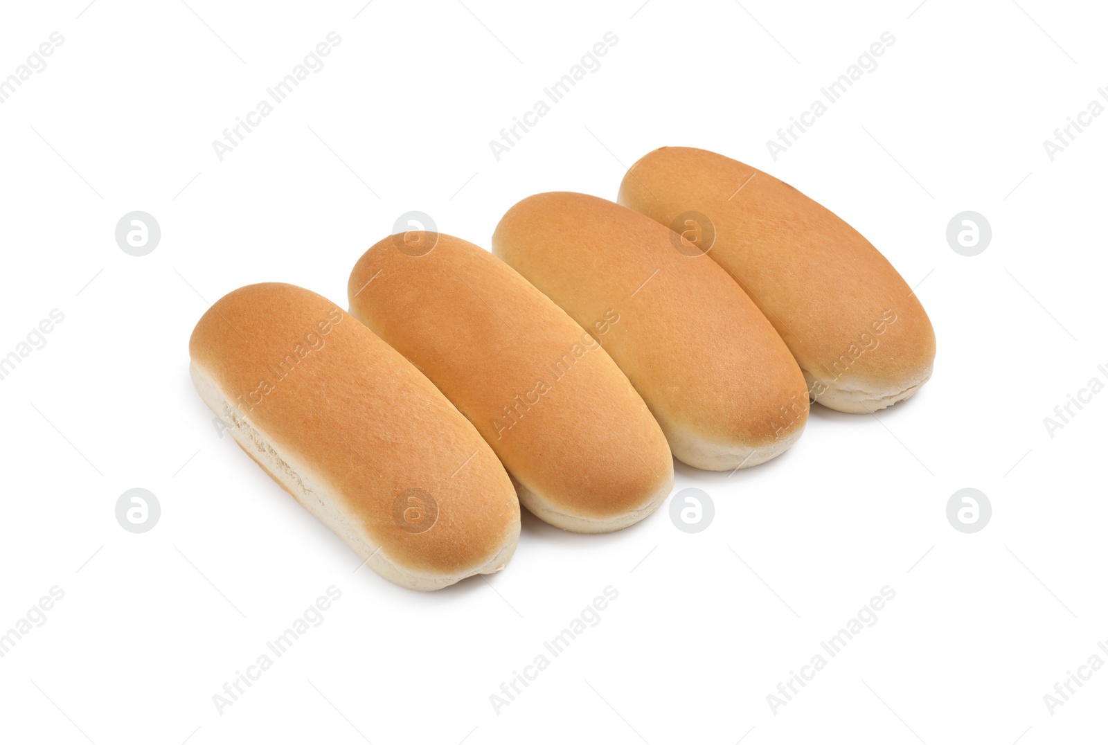 Photo of Tasty fresh buns for hot dogs on white background