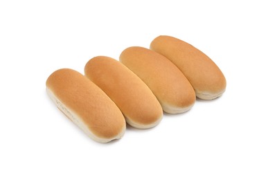 Photo of Tasty fresh buns for hot dogs on white background