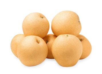 Photo of Many fresh ripe apple pears isolated on white