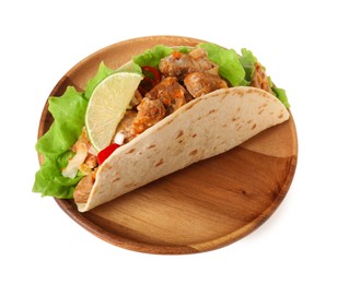 Delicious taco with meat, vegetables and slice of lime isolated on white