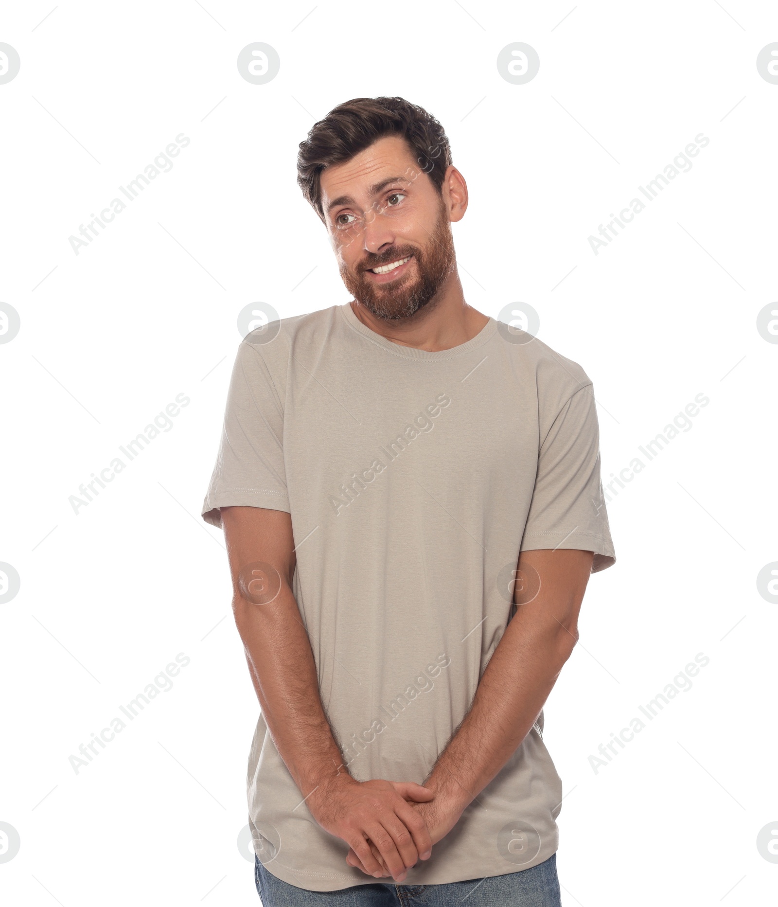 Photo of Embarrassed man in shirt on white background