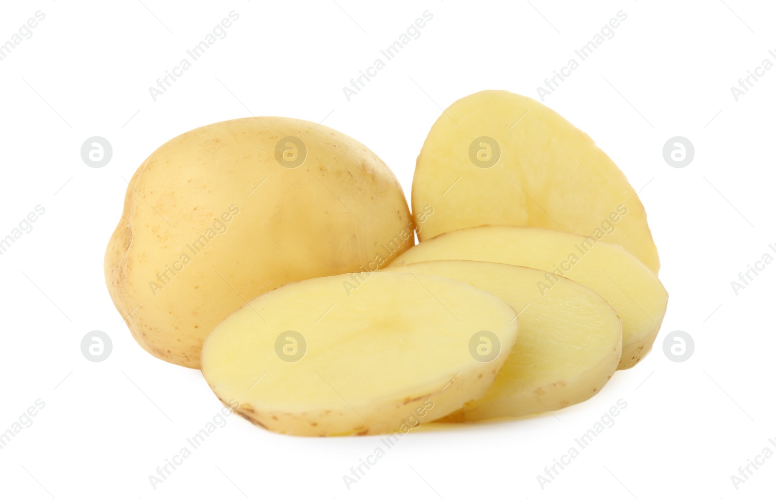 Photo of Whole and cut fresh raw organic potatoes on white background