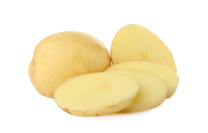 Whole and cut fresh raw organic potatoes on white background