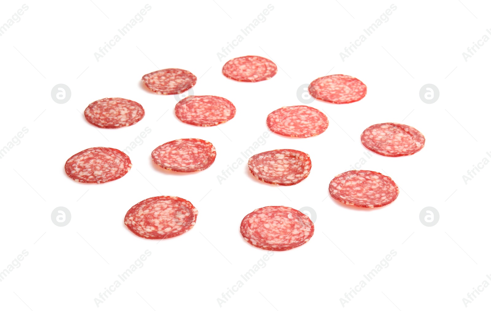 Photo of Slices of tasty sausage as layer for pizza isolated on white