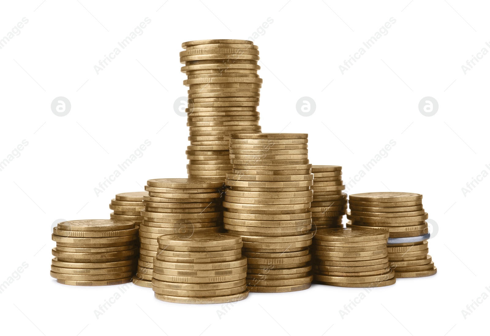 Photo of Many golden coins stacked on white background