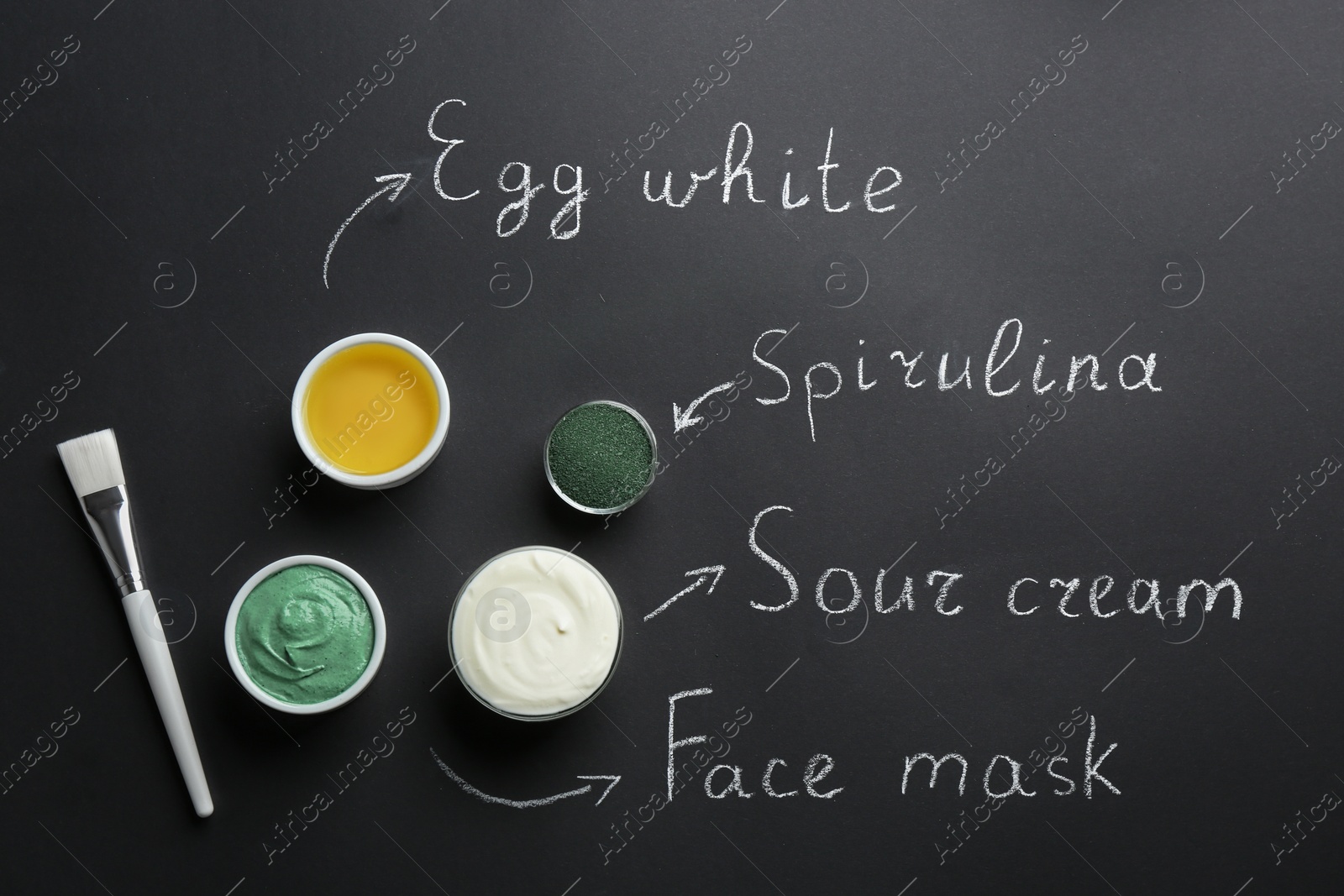 Photo of Spirulina facial mask and ingredients with written names on black background, flat lay