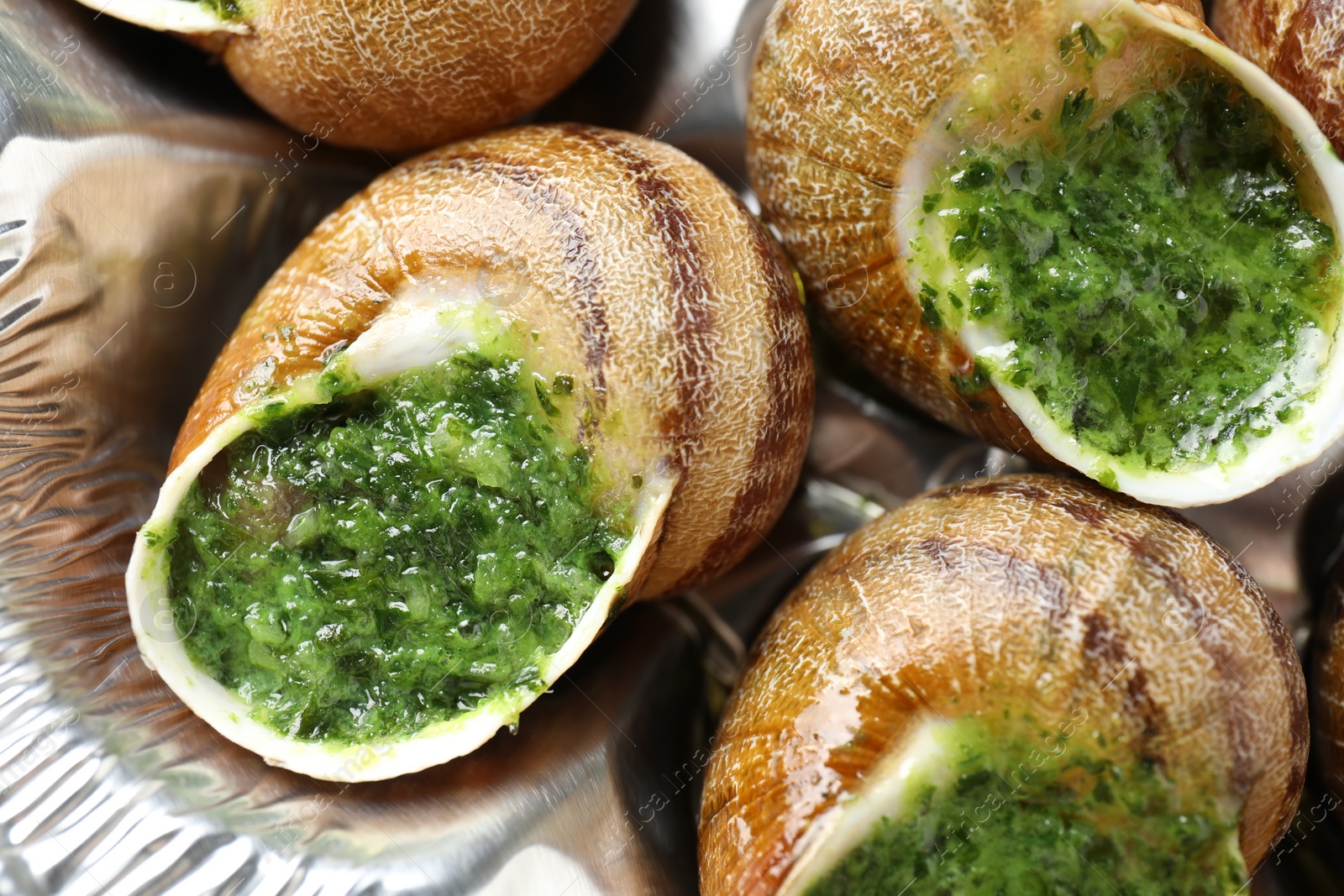 Photo of Delicious cooked snails on table, closeup view