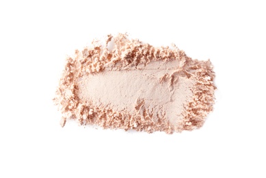 Photo of Crushed eye shadow on white background. Professional makeup products