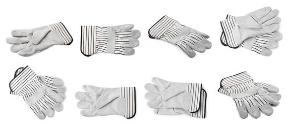 Image of Clean gardening gloves isolated on white, set