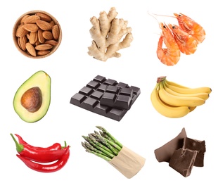 Image of Set with different aphrodisiac food for increasing sexual desire on white background 