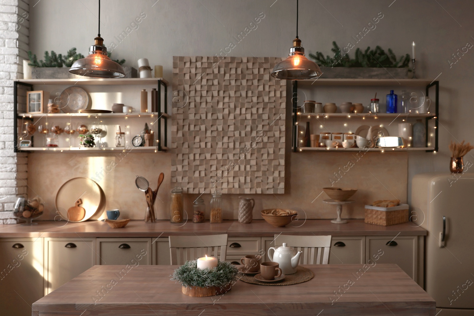 Photo of Kitchen interior with festive decor. Christmas celebration