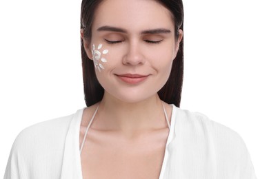 Photo of Beautiful young woman with sun protection cream on her face against white background