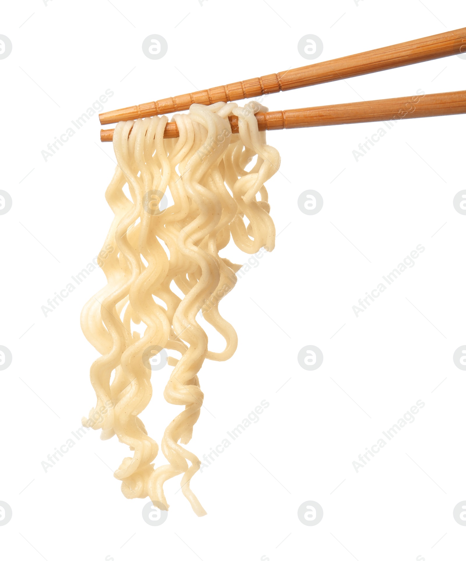 Photo of Chopsticks with tasty instant noodles isolated on white