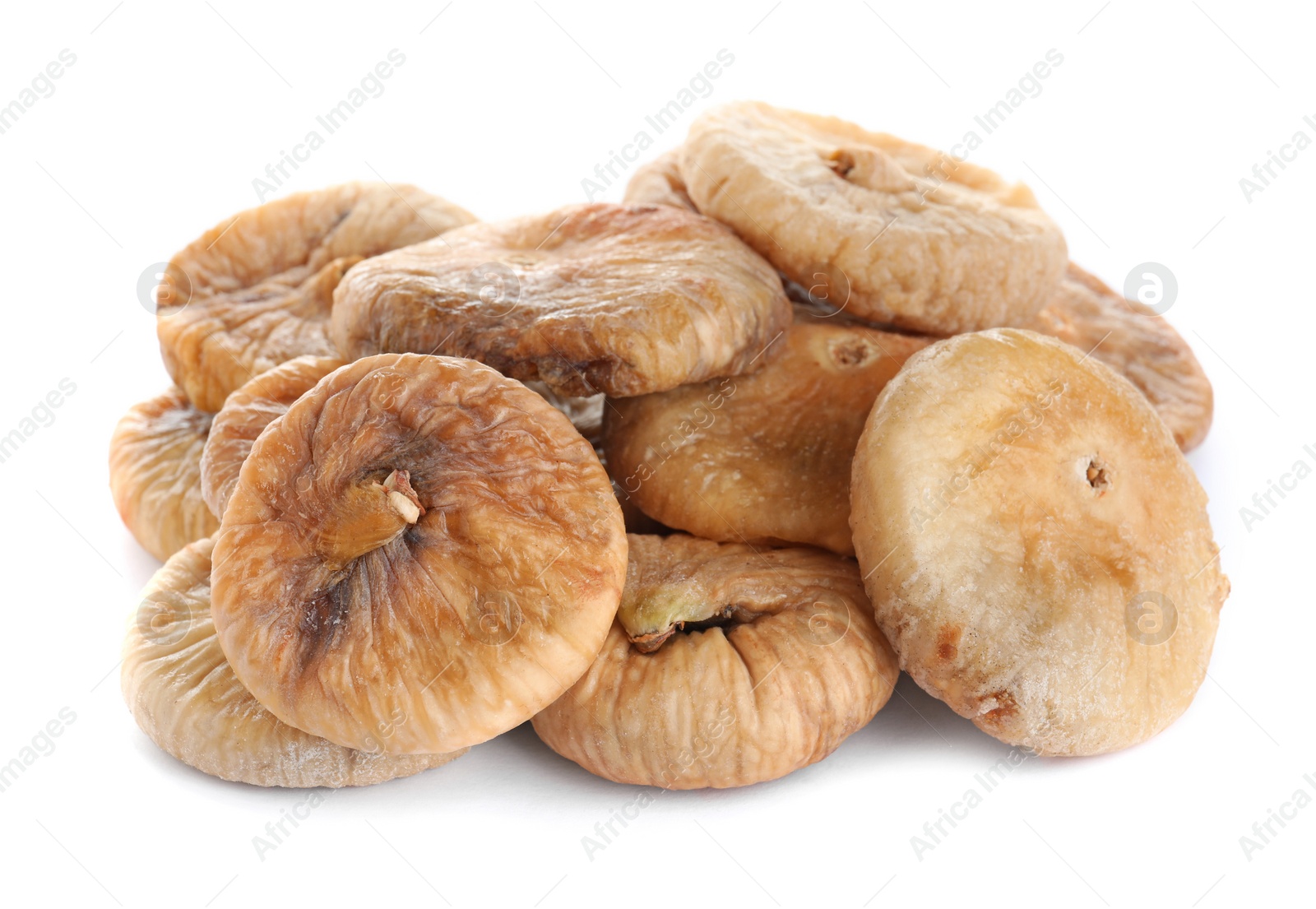 Photo of Pile of tasty dried figs isolated on white