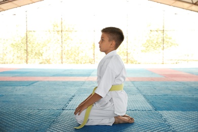 Photo of Boy in kimono sitting on tatami outdoors. Karate practice