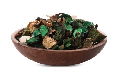 Photo of Bowl with scented potpourri isolated on white