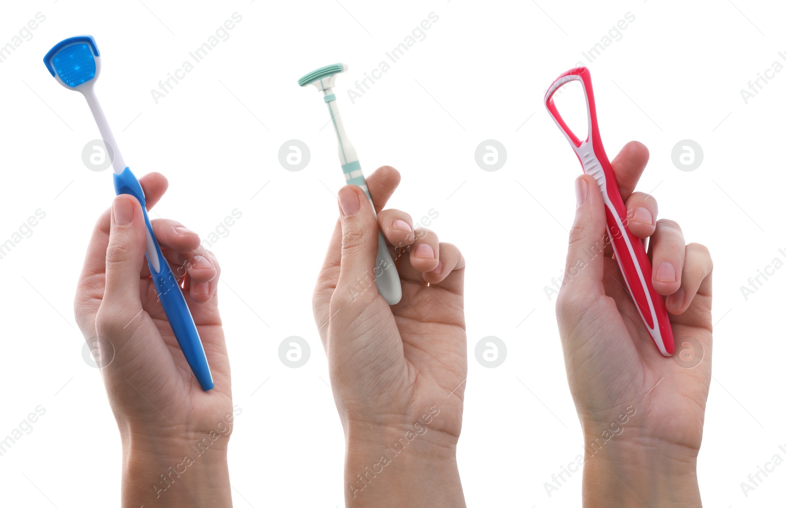 Image of Collage with photos of women holding different tongue scraper on white background, closeup