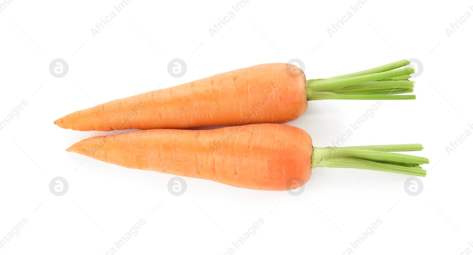 Photo of Fresh ripe juicy carrots isolated on white, top view