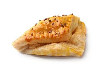 Photo of Fresh delicious puff pastry with cheese on white background