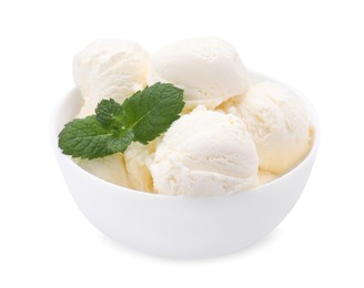 Photo of Delicious vanilla ice cream and mint in bowl isolated on white