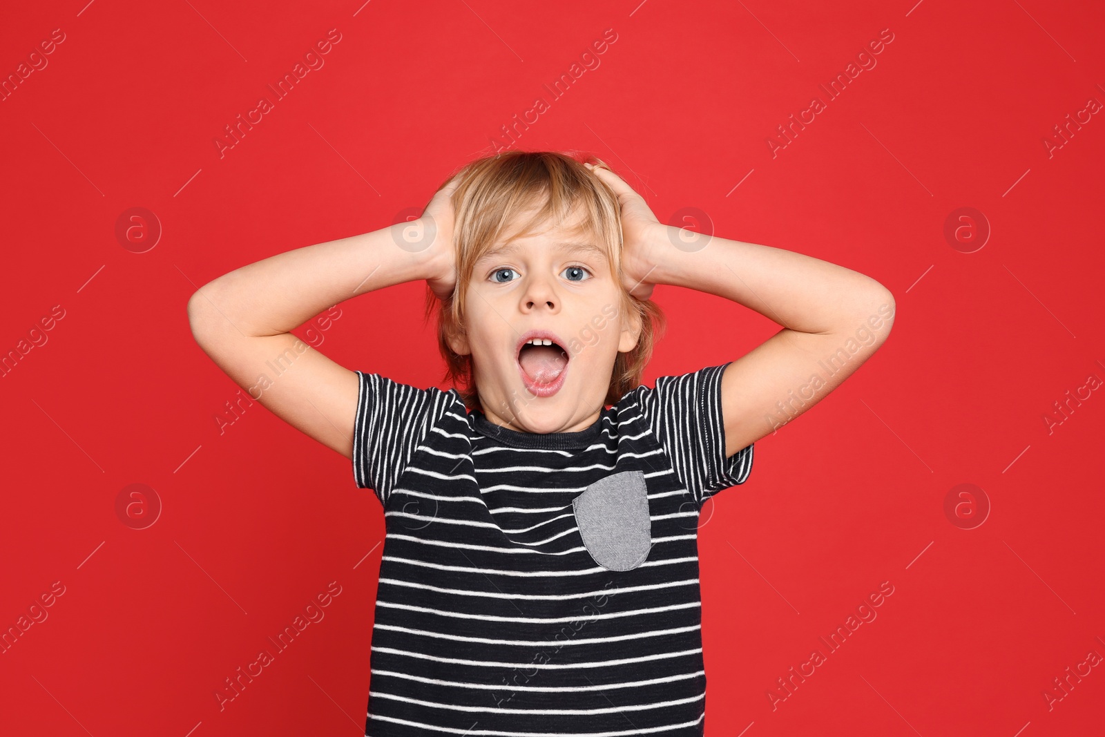 Photo of Portrait of emotional little boy on red background