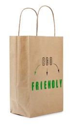 Image of Paper bag with phrase Eco Friendly on white background