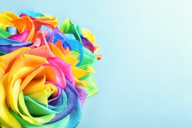 Photo of Amazing rainbow rose flowers on color background