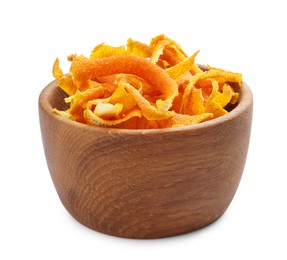 Dry orange peels in wooden bowl isolated on white