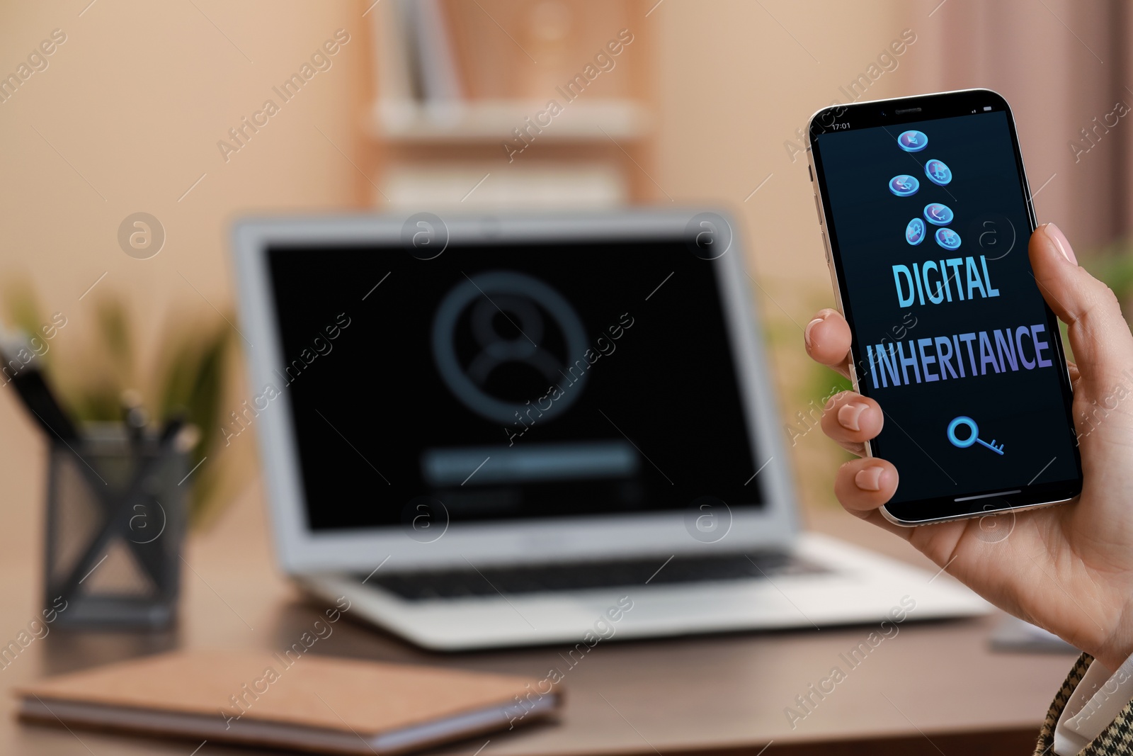 Image of Digital inheritance concept. Woman using mobile phone indoors, closeup. Text, illustrations of blue key and falling coins with currency symbols on device screen