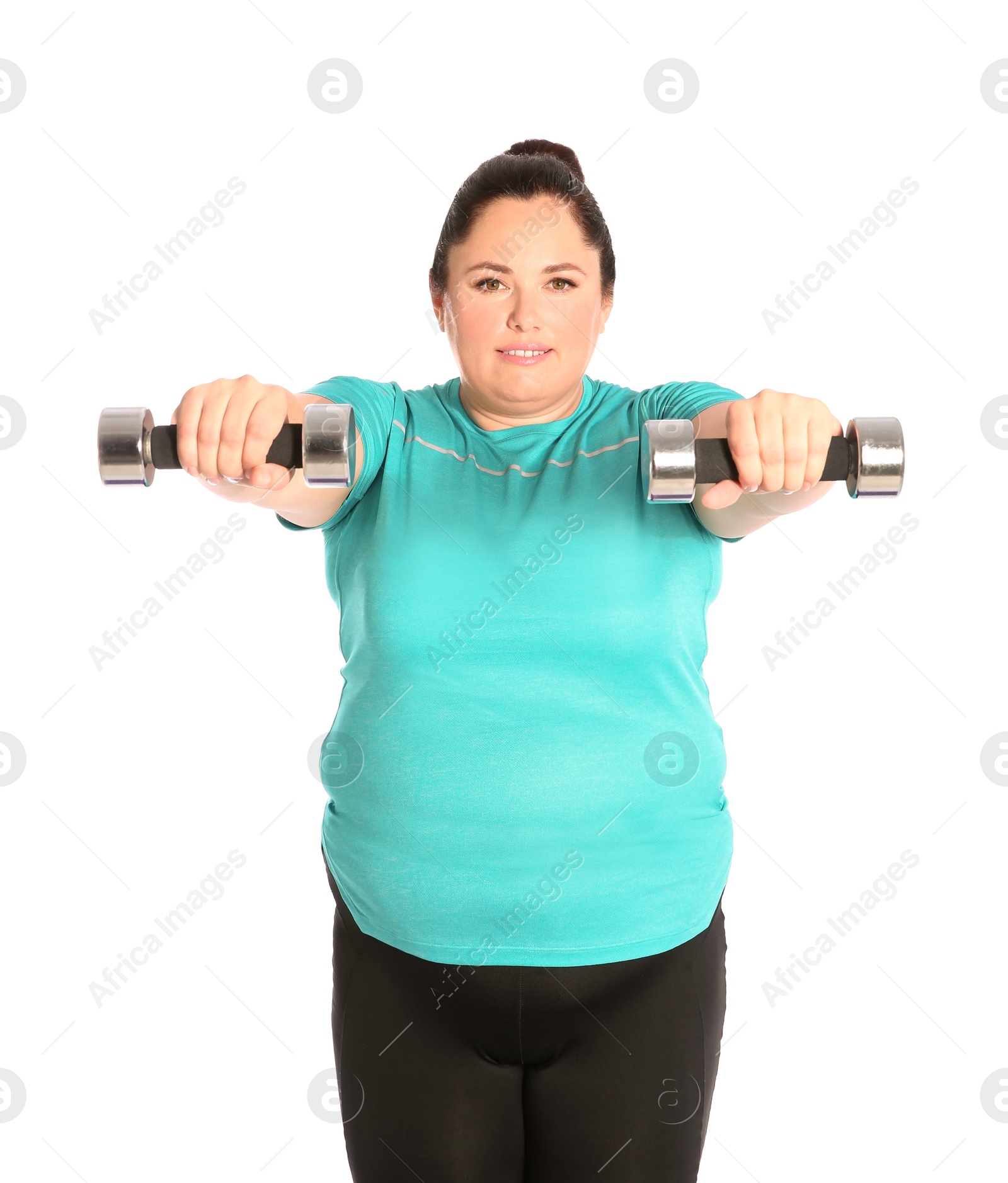 Photo of Overweight woman doing exercise with dumbbells on white background