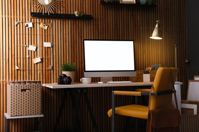 Image of Home workplace with modern computer and desk in room. Mockup for design